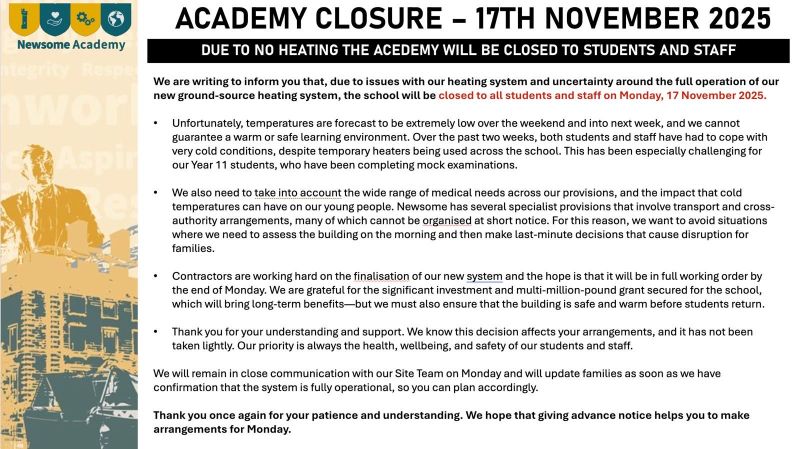 Image for the Tweet beginning: Academy Closure - Monday 17th